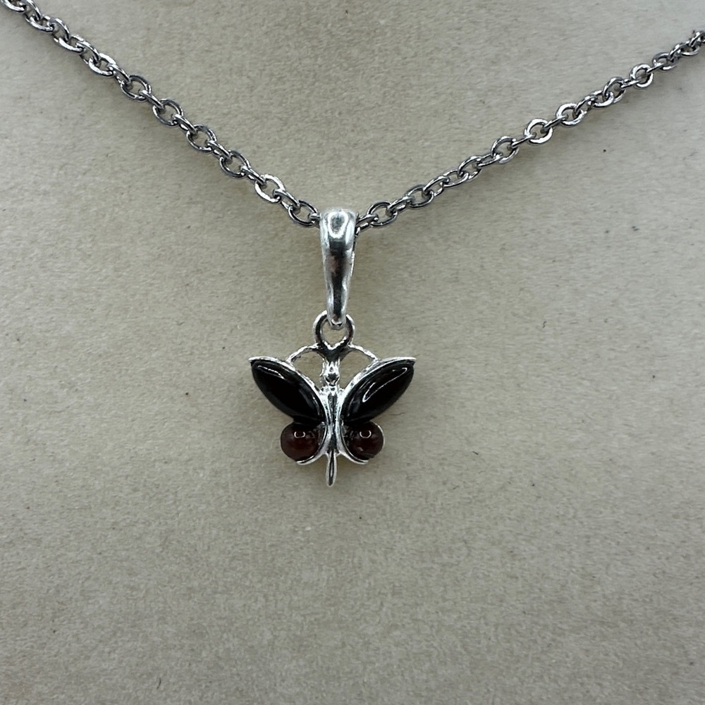 Elegant & Simple Cherry Amber Silver Butterfly Pendant on Stainless Steel Chain - Picture 2 of 9